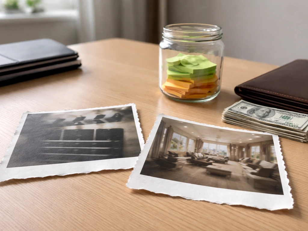 Desk with blurred production and real-estate photos, money, and a glass jar of colored slips implying confidence range.