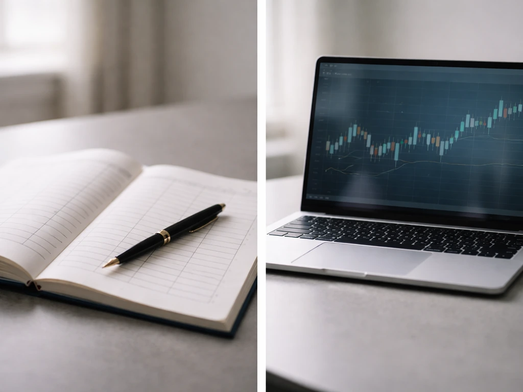 Minimal office desk with blurred ledger and a grid-like stock chart display on a laptop background