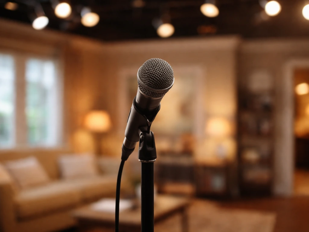 Daytime TV studio set with a lit microphone and soft spotlight glow, symbolizing entertainment earnings verification.
