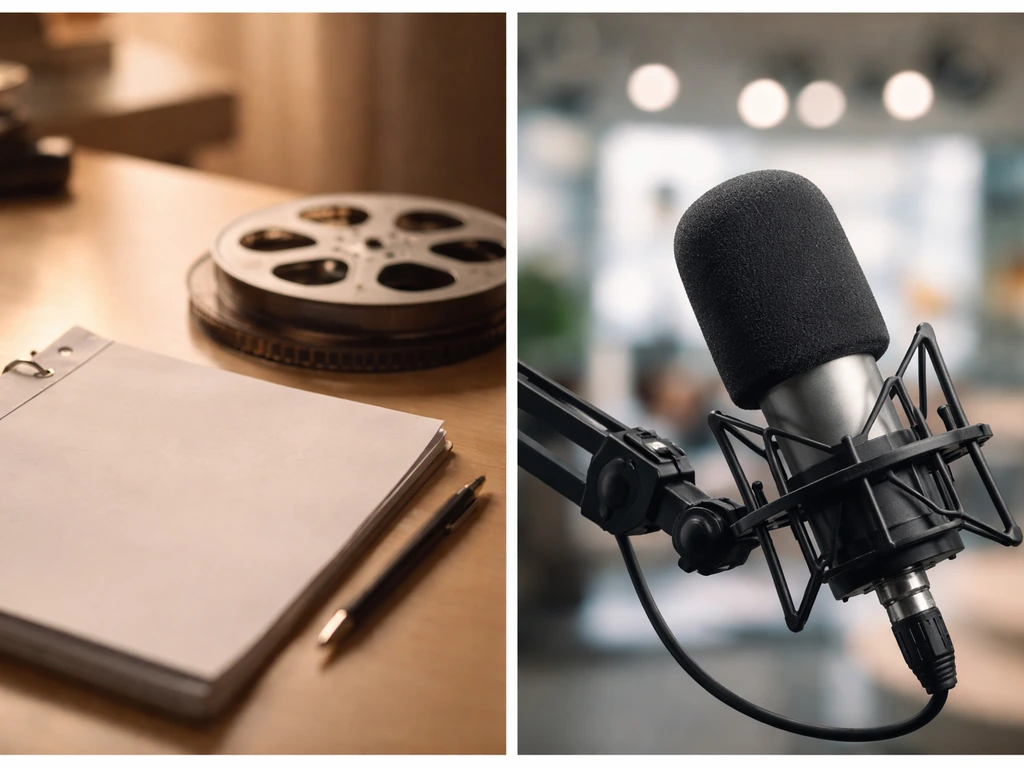 Split-panel photo showing a film script reel and a TV studio microphone on a muted desk