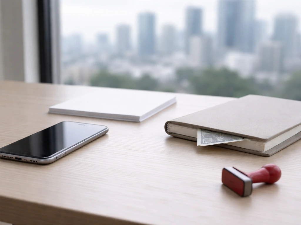 Smartphone and office desk with blurred city view and a red stamp symbolizing an unverified finance claim