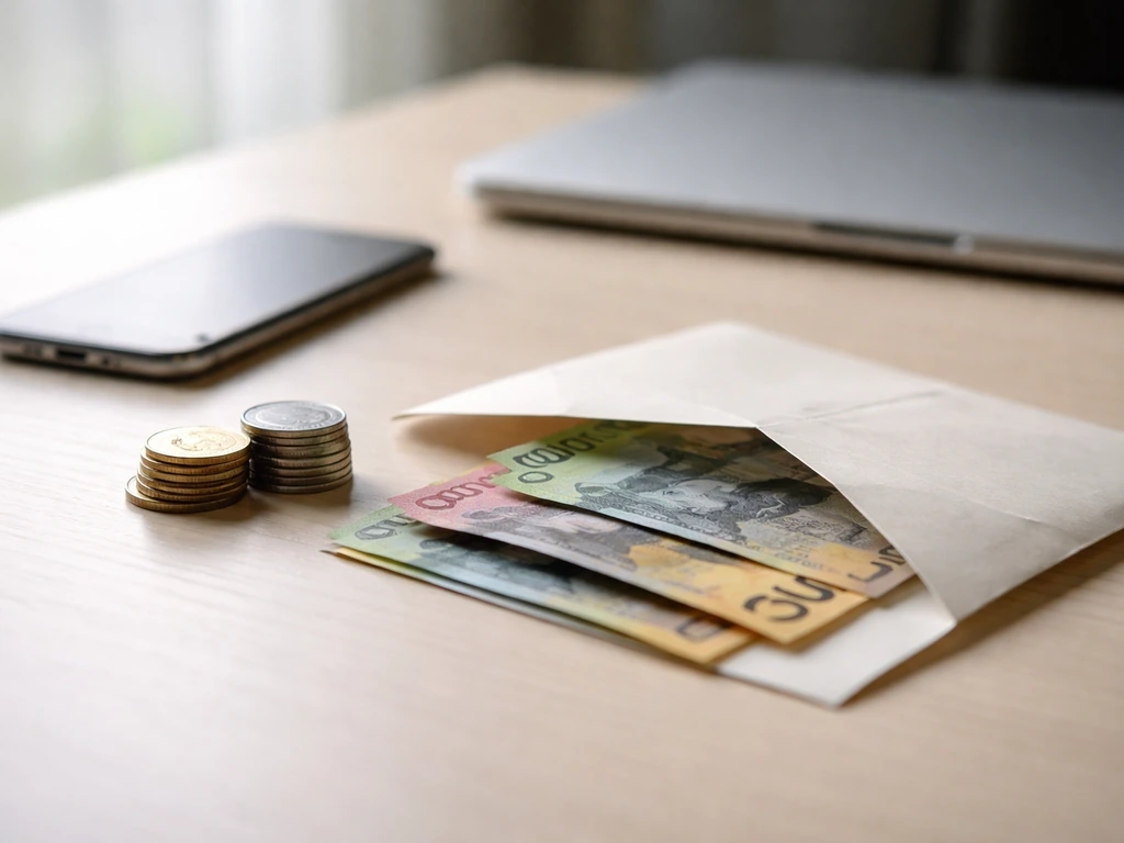 Minimal desk scene with a currency envelope and small objects suggesting a net-worth range breakdown