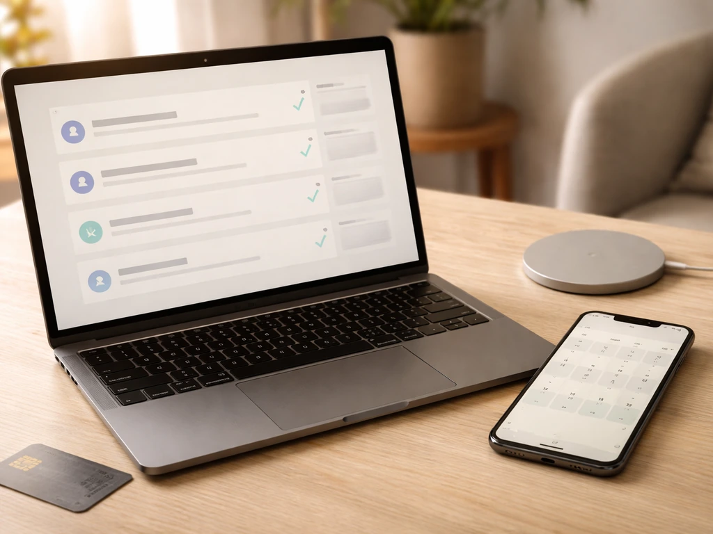 Minimal dashboard-style scene showing subscription, courses, and recurring income motif on a desk