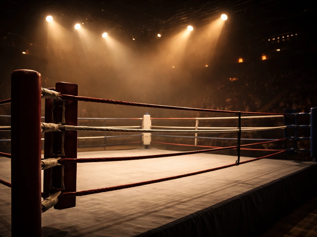 Empty boxing ring under arena lights, conveying sport and financial analysis context