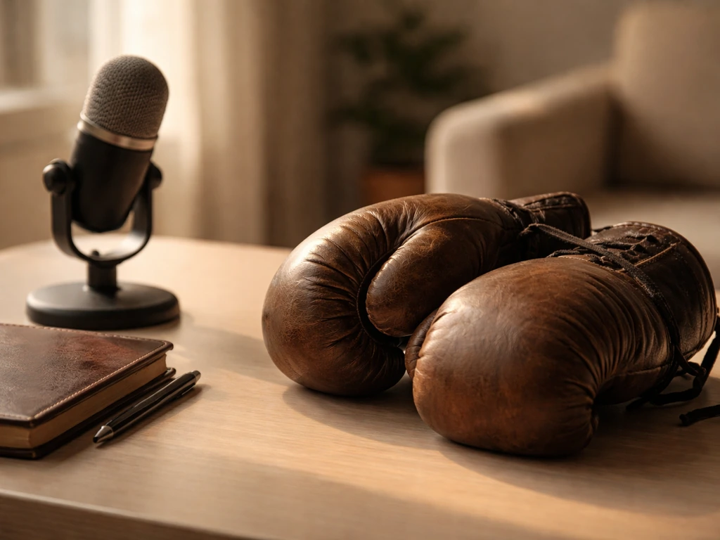 Minimal photo of a boxing glove beside a leather notebook and microphone in a quiet studio, suggesting sports and net-wo
