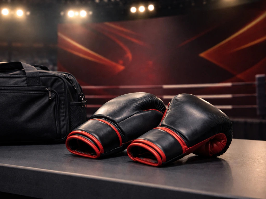 Boxing promotional scene with branded-style event backdrop and gloves on a desk, suggesting sponsorship deals.