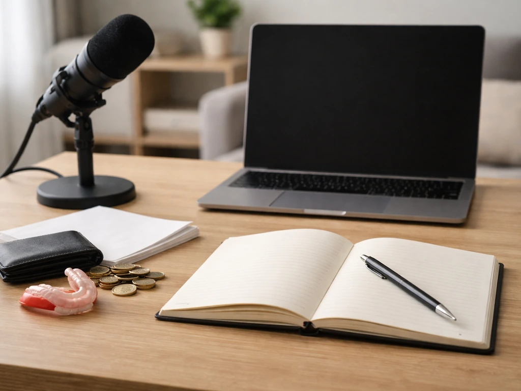 Minimal desk scene with coins, blank notebook pages, and microphone suggesting earnings estimation workflow.