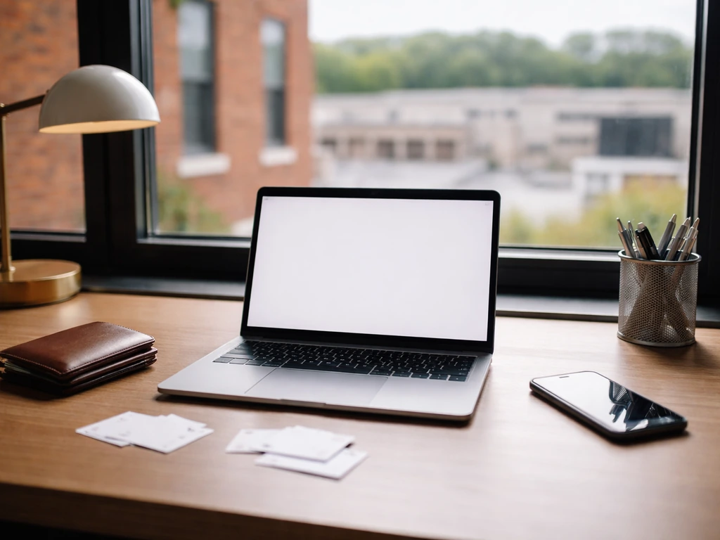 Minimal office desk with laptop, wallet, and New Jersey-style skyline view, symbolizing net worth estimation.