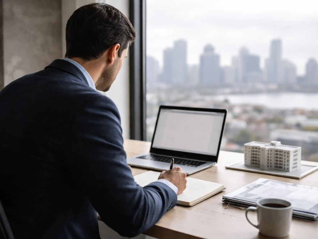 Anonymous entrepreneur in a New Jersey-style office by a window, with a laptop and subtle construction-business cues