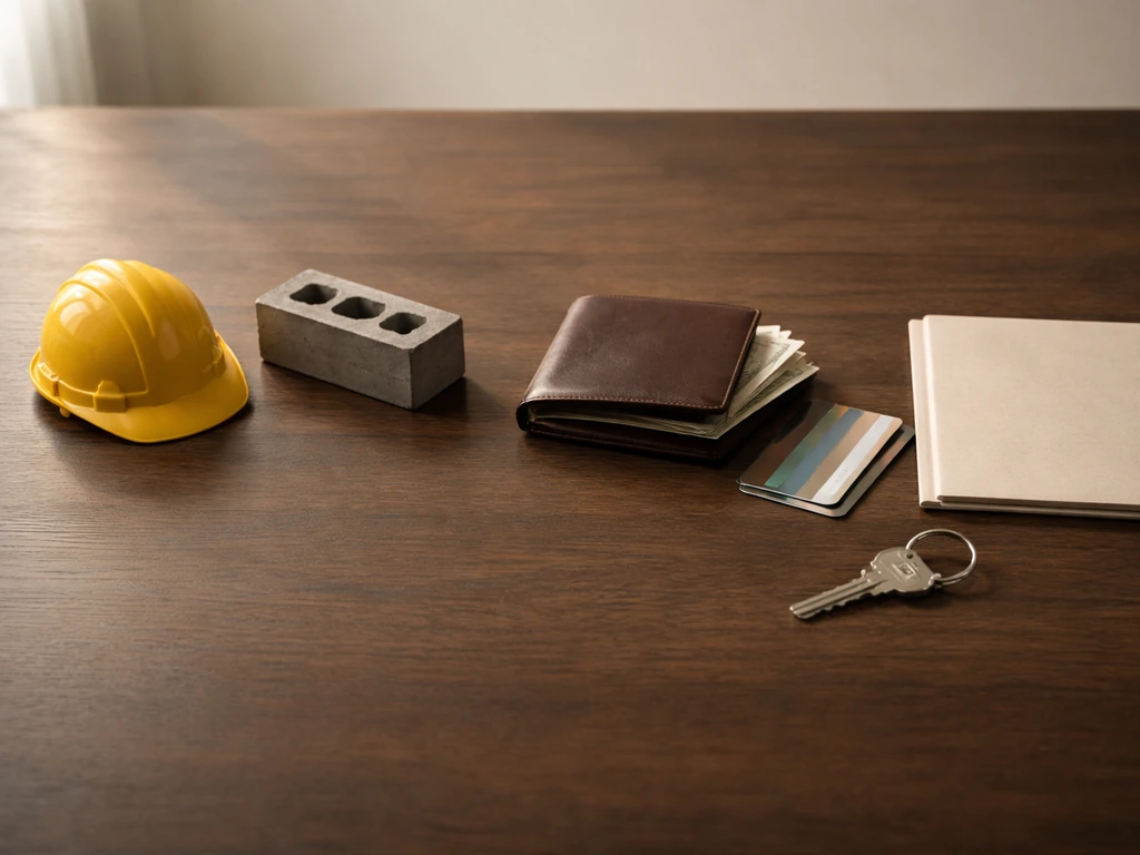 Desk scene with construction items and simple representations of real estate, cash, and investments.