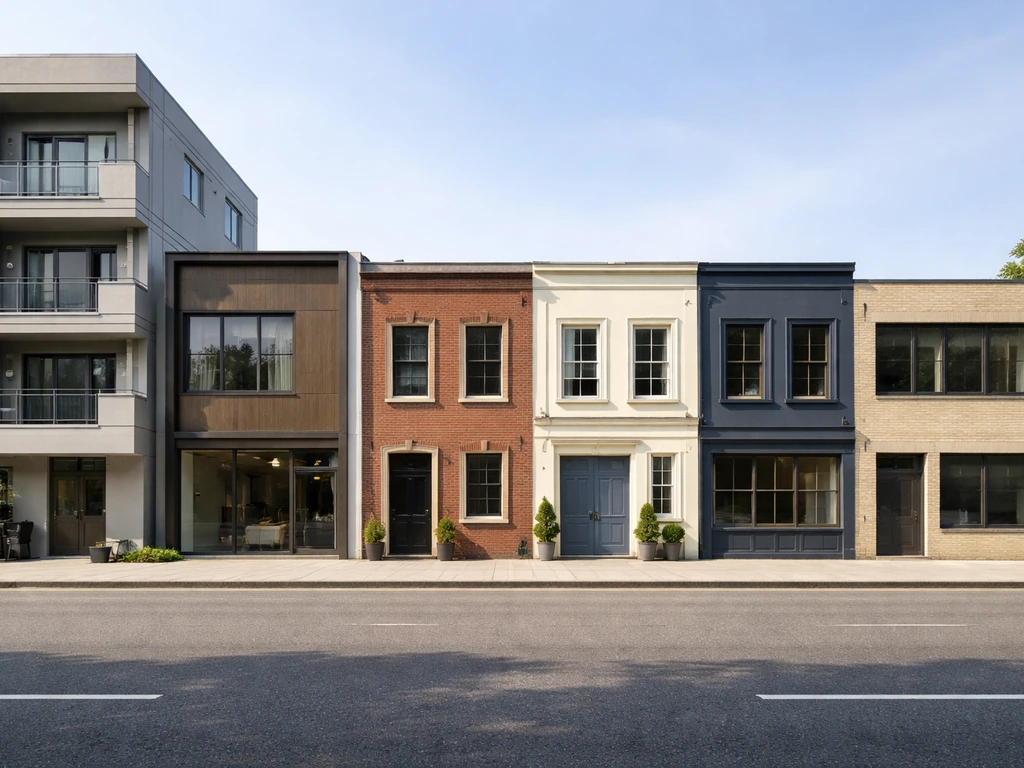 Minimal row of varied building exteriors suggesting a large real-estate portfolio