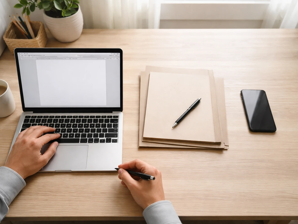 Hands checking laptop and folders for property and mortgage records on a simple desk