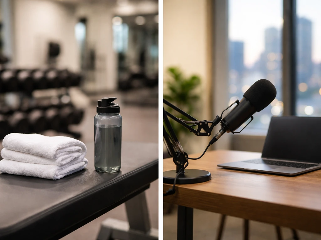 Two minimal anonymous scenes: a gym-lifestyle setting on the left and a studio business setup on the right.