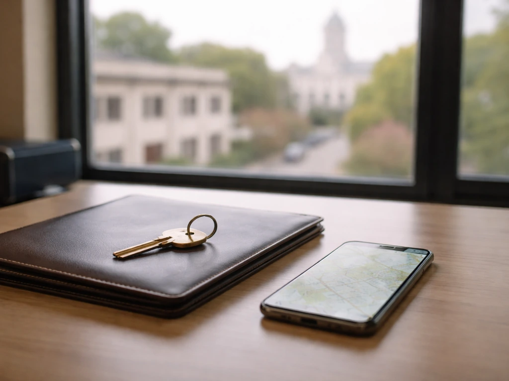 Real-estate broker theme: modern office desk with keys and a folder in Frankfort-style setting, search-based mood.