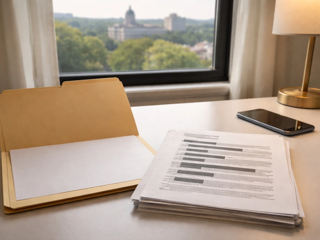 Minimal office scene with open folder and scattered documents, symbolizing public-record identity research