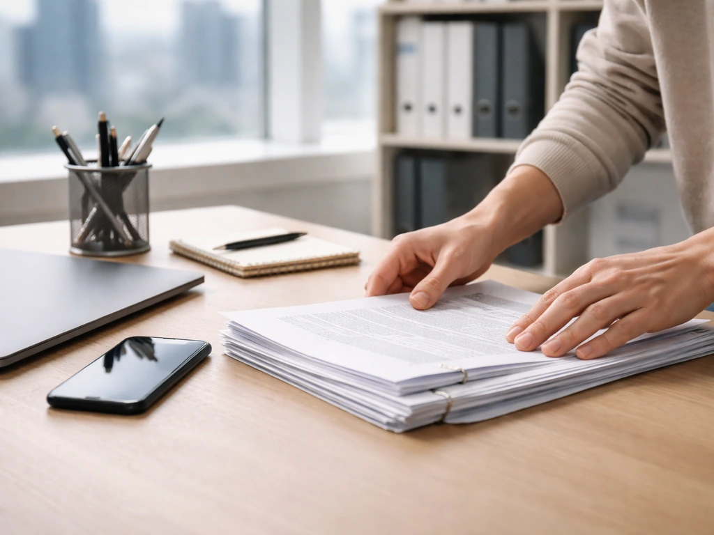 Minimal desk scene with documents and a laptop, implying research workflow for financial net-worth estimates.