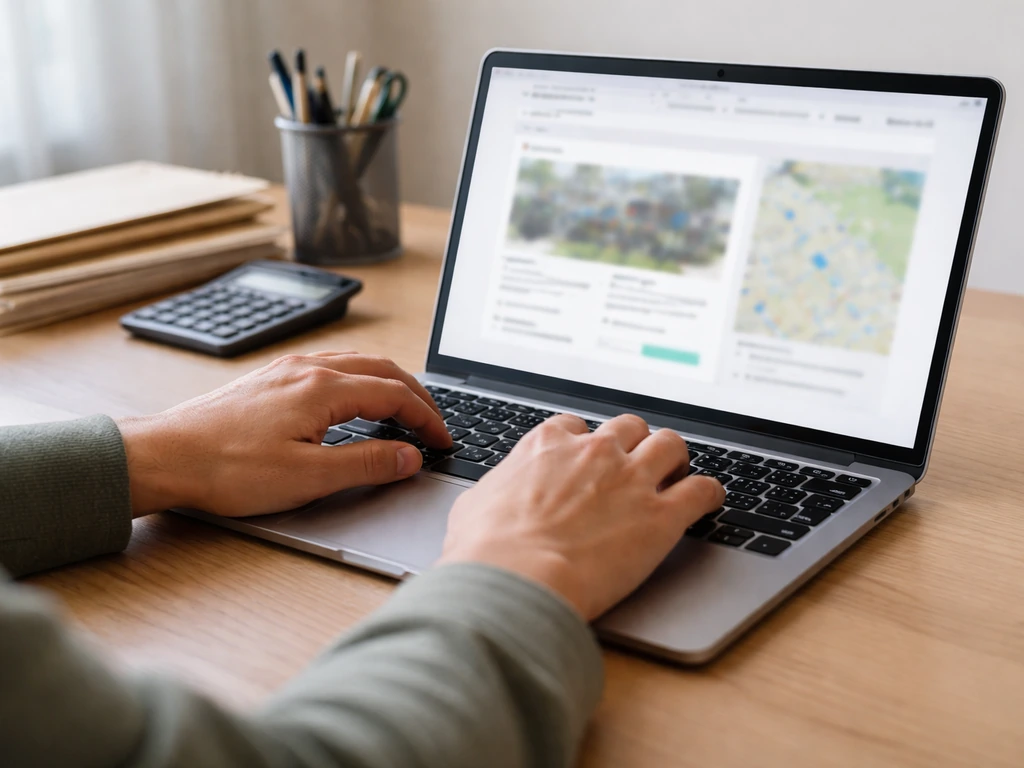 Anonymous hands researching a property-valuation lookup on a laptop in a quiet office setting.