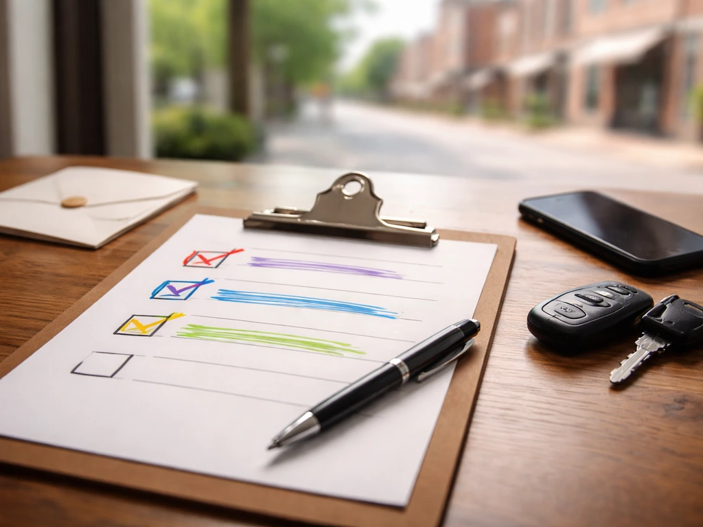 Minimal desk scene with checklist items about verifying real estate and records for Frankfort, KY