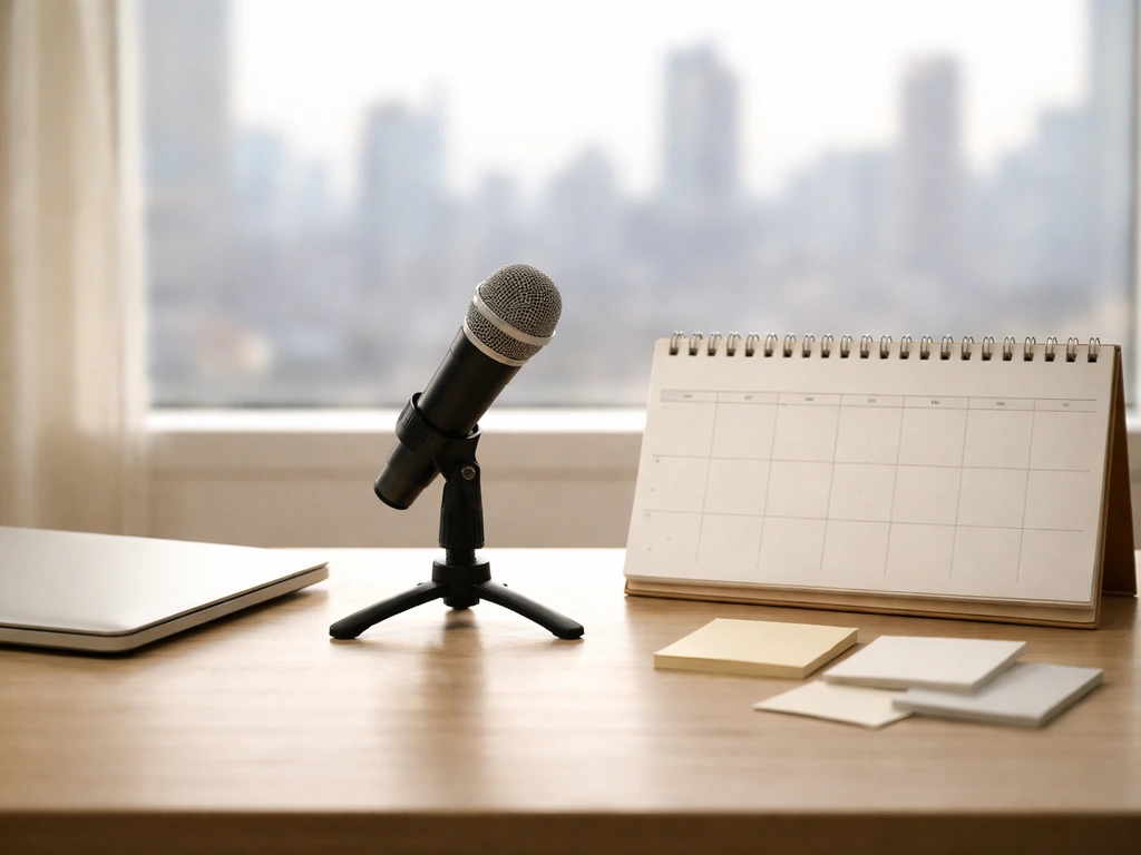 Minimal office desk scene with a calendar page and studio microphone symbolizing a career timeline.