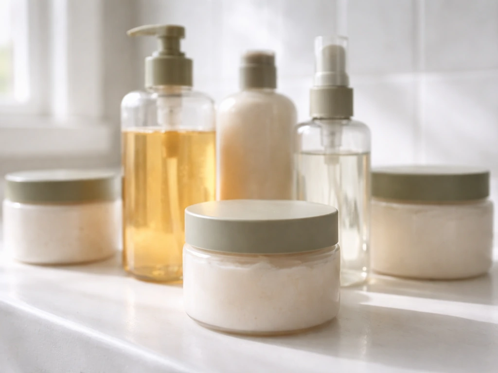 Close-up of vegan natural hair care bottles and tubs on a clean white bathroom counter.