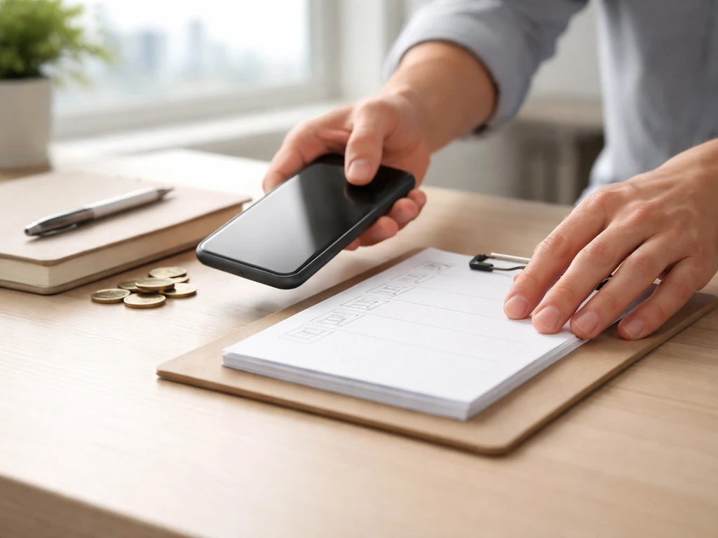Hands checking a blank checklist on a desk with coins and a smartphone, symbolizing net worth verification.