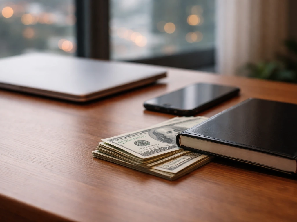 Minimal photo of a tidy desk with a smartphone and cash, symbolizing a net worth estimate range