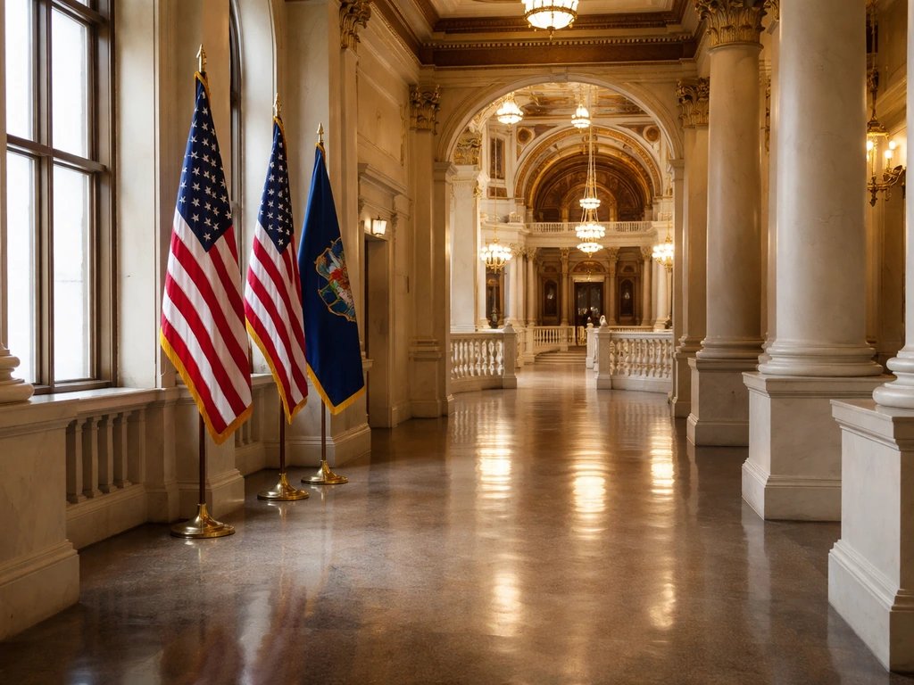 Pennsylvania state capitol interior hallway with flags, representing Tom Ridge’s gubernatorial era