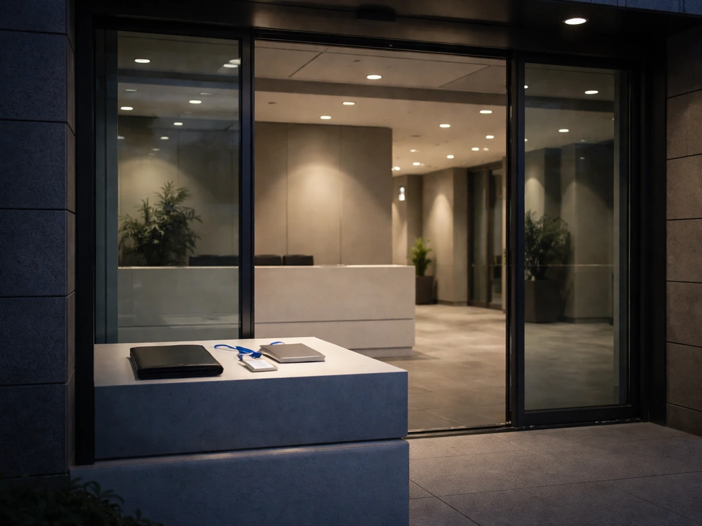 Empty modern office entrance with leather portfolio and badge lanyard hinting at security consulting wealth.