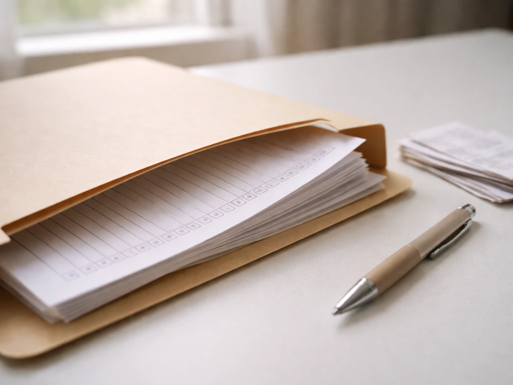 Close-up of generic financial disclosure-style papers in a folder with pen on a clean desk.