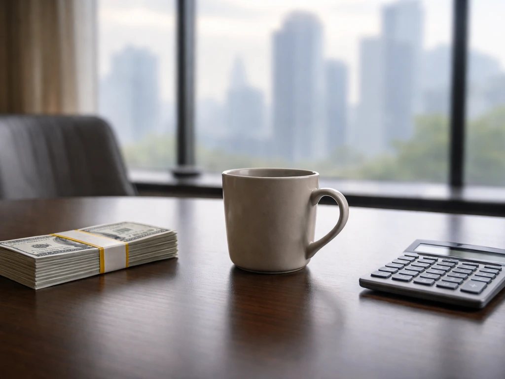 Minimal office scene with a calculator and scattered cash symbolizing wealth comparisons