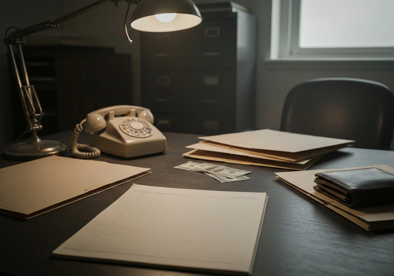 Dim desk with old files and cash, moody light suggesting financial uncertainty and crime-era research