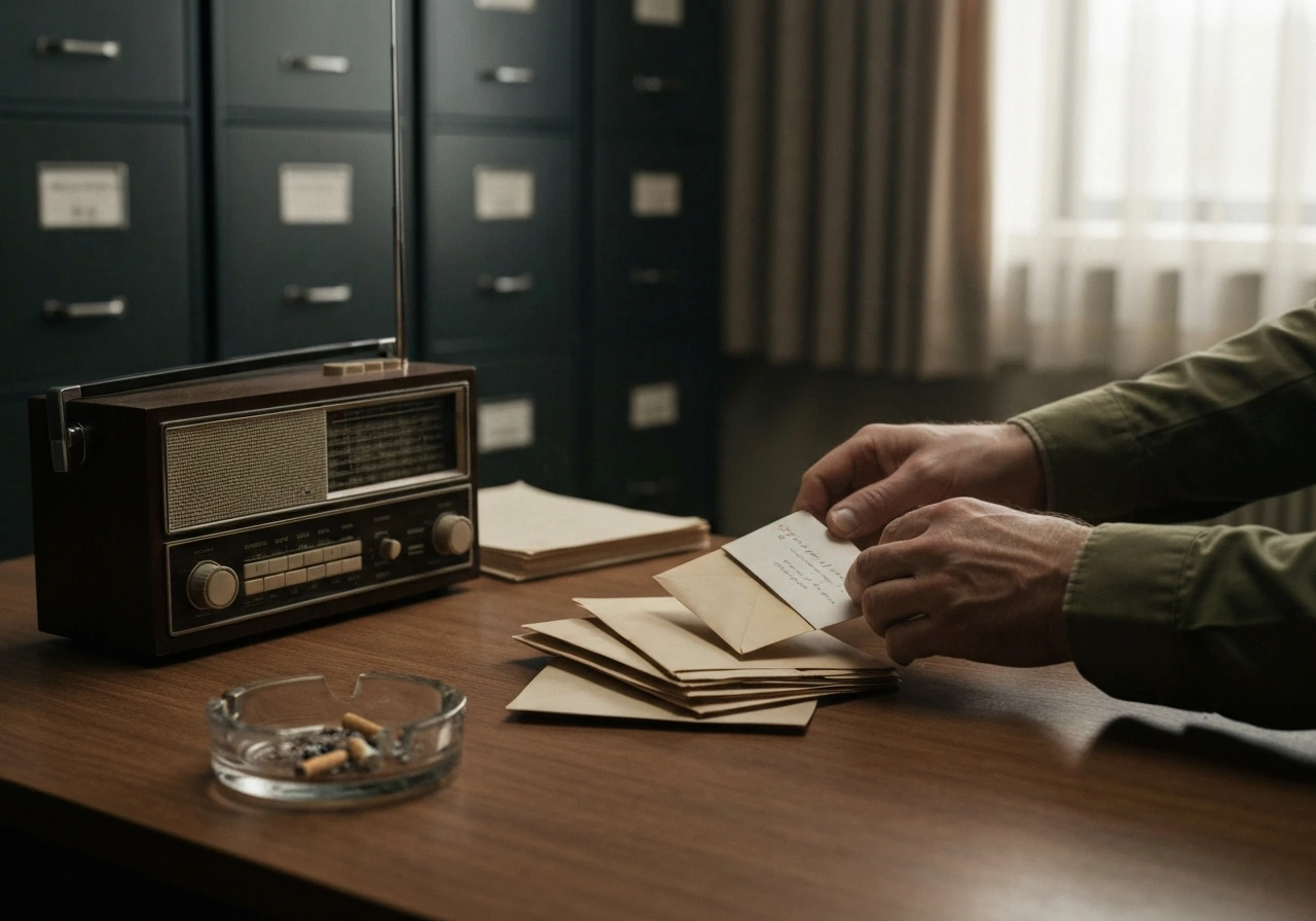 Moody vintage office desk with scattered envelopes and a radio, symbolizing concealed wealth and media investigation.