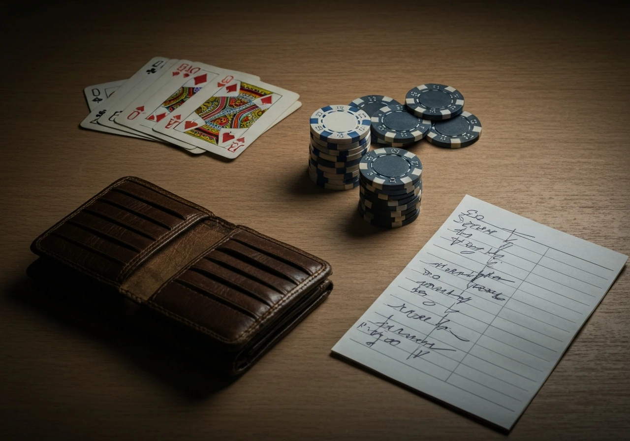 Close-up of vintage casino-style gambling items—chips, playing cards, and a leather wallet on a wooden table.
