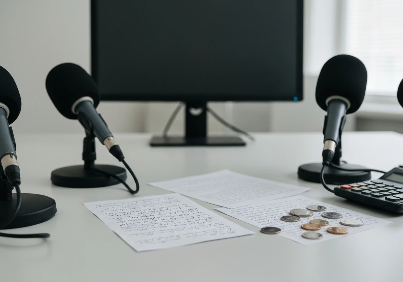 Anonymous desk with three media microphones and scattered notes suggesting conflicting financial estimates