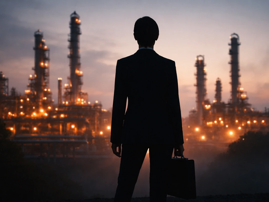 Executive silhouette against an industrial refinery background, symbolizing energy leadership and finance.