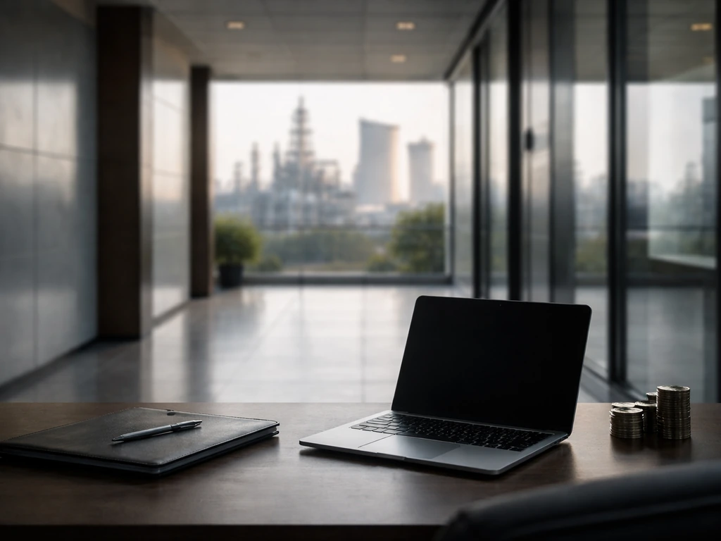Corporate office desk with coins and a refinery view through a window, no people.