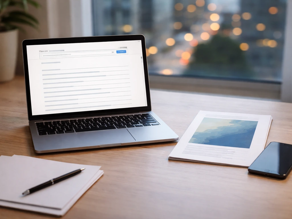 Minimal desk scene with a laptop showing an SEC-style search page and a printed proxy document, no readable text.