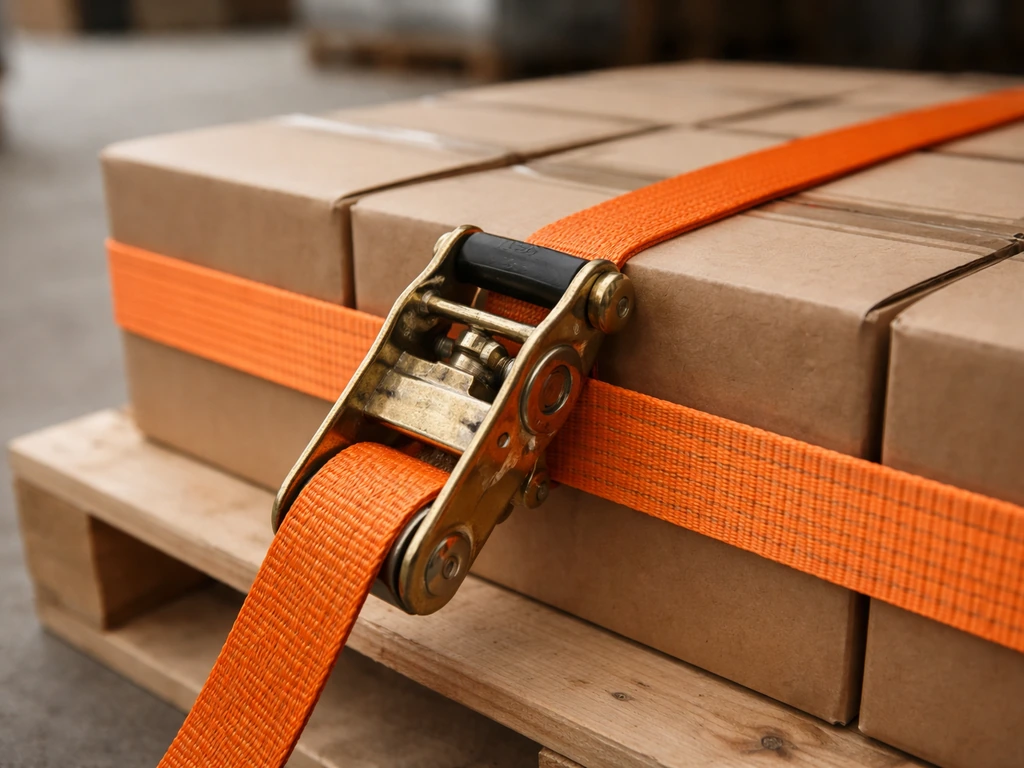 Close-up of a ratchet cargo strap tightly securing bundled parcels on a pallet in soft natural light.
