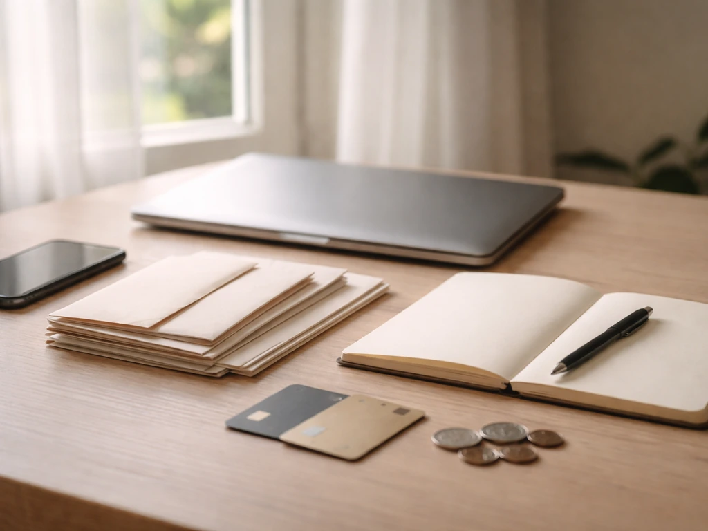 Minimal desk with laptop, notebook, and money items symbolizing income signals for a net worth estimate.