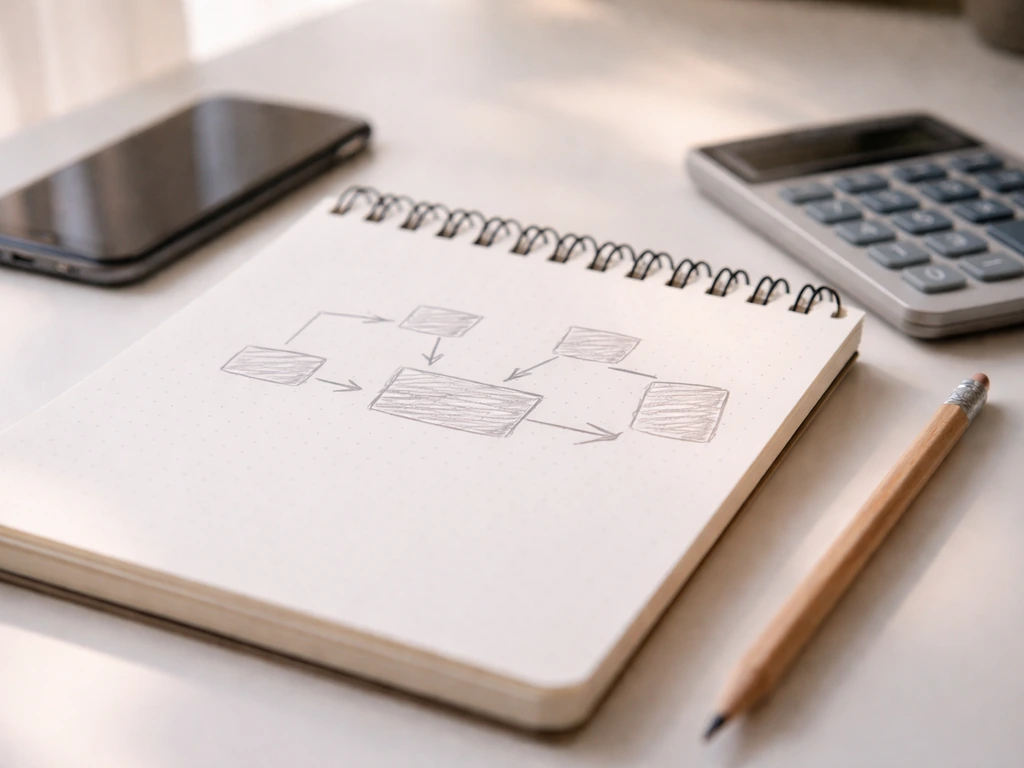 Close-up of a notepad and calculator on a desk with abstract pencil arrows suggesting multiplying income.
