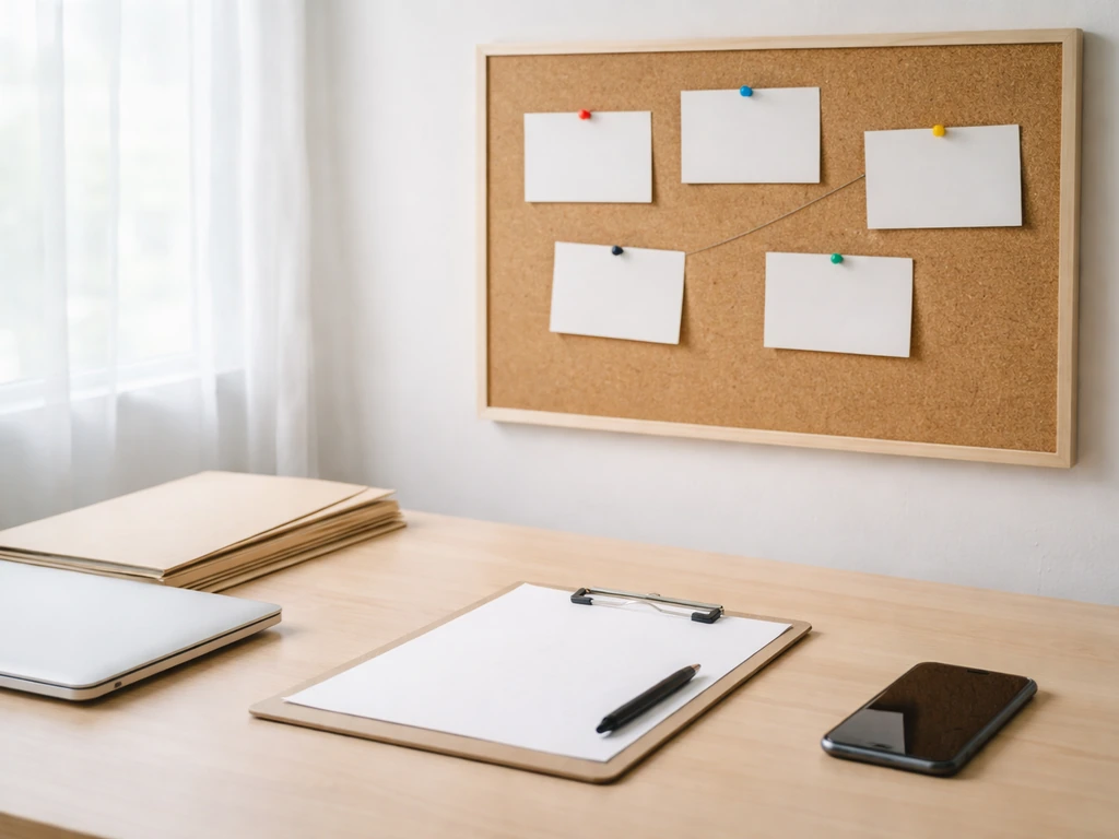 Minimal desk scene with an evidence board feel—folders, laptop, and a blank checklist surface suggesting missing data.