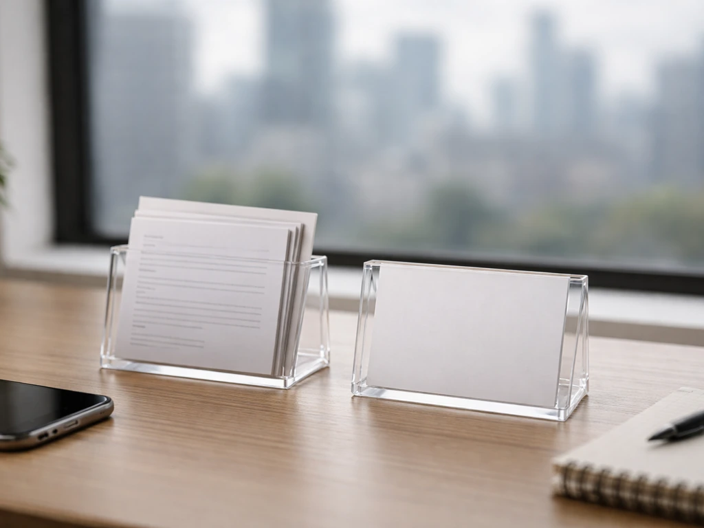 Desk with two side-by-side source cards—one with source pages peeking out, one blank—no text.