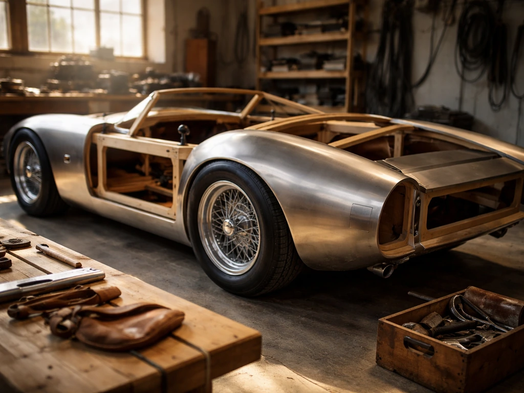 Close-to-mid shot of a handcrafted custom vehicle in a workshop, showing luxury craft materials and tools.