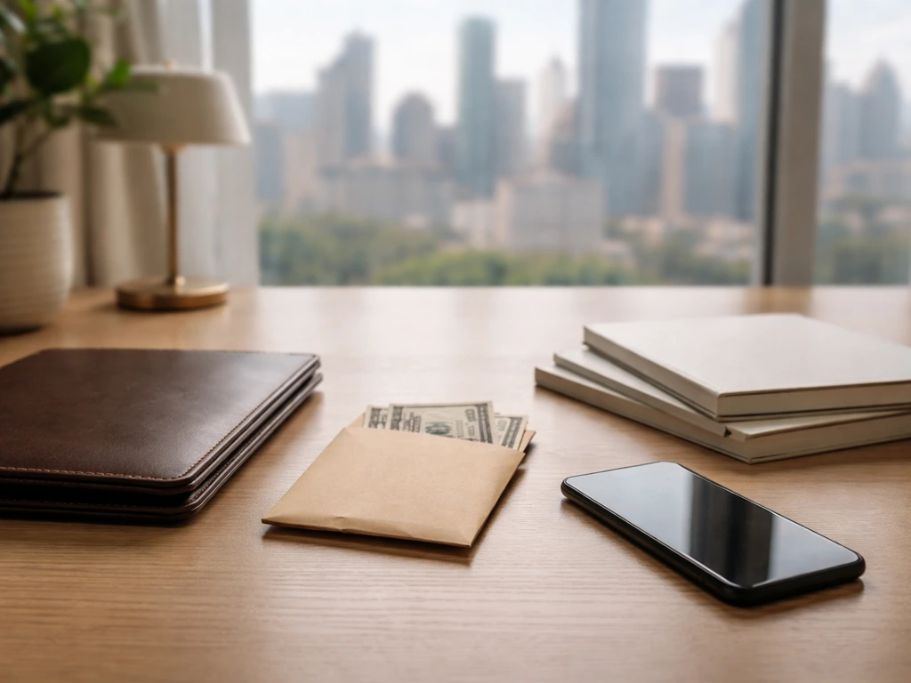 Minimal upscale desk with portfolio and cash envelope, blurred city view, no text or charts.