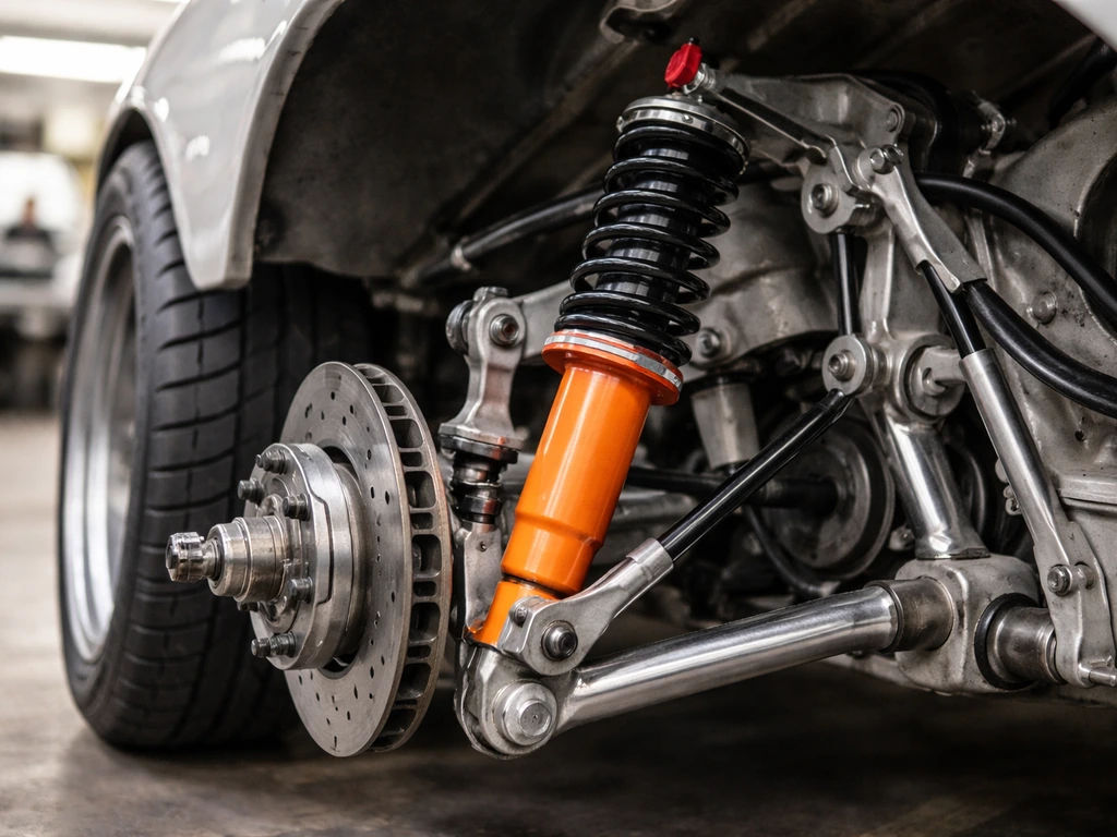 Custom air-cooled performance car with a KONI Shock Absorbers-style suspension component installed.