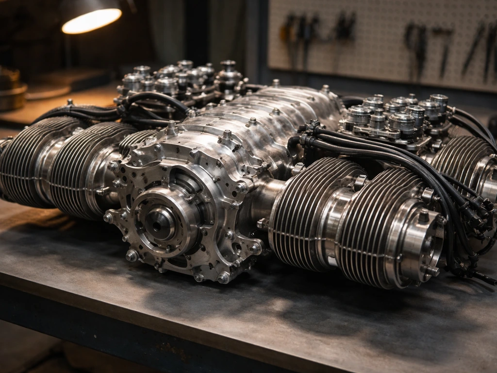 Close-up of an air-cooled flat-eight engine prototype assembly in a workshop with exposed finned components.