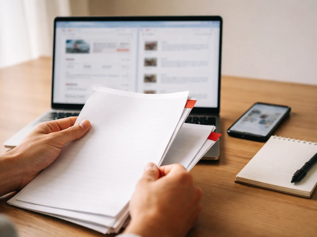 Minimal desk scene with open laptop showing generic web pages, documents, and a pen—symbolic source-checking