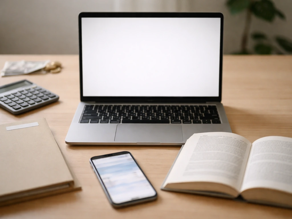 Laptop and reference book on a desk with blurred web page, symbolizing secondary financial sourcing.
