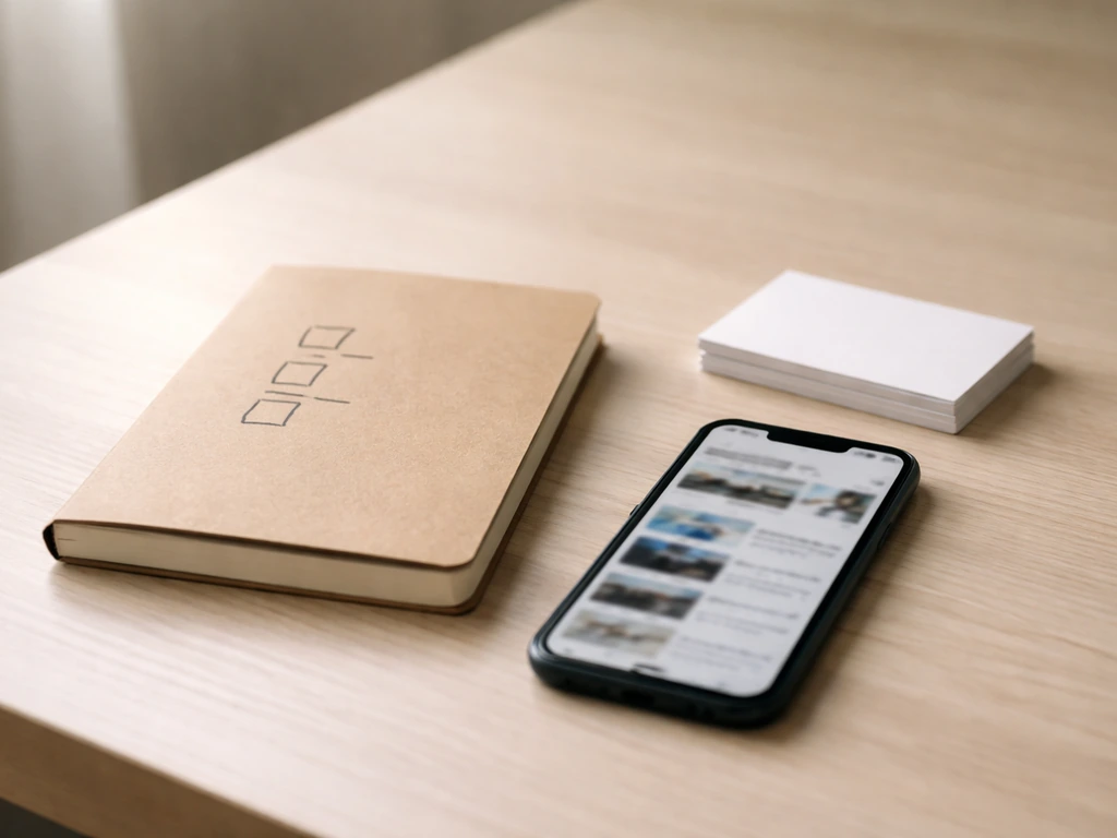 Minimal desk scene with a notebook checklist about verifying financial claims