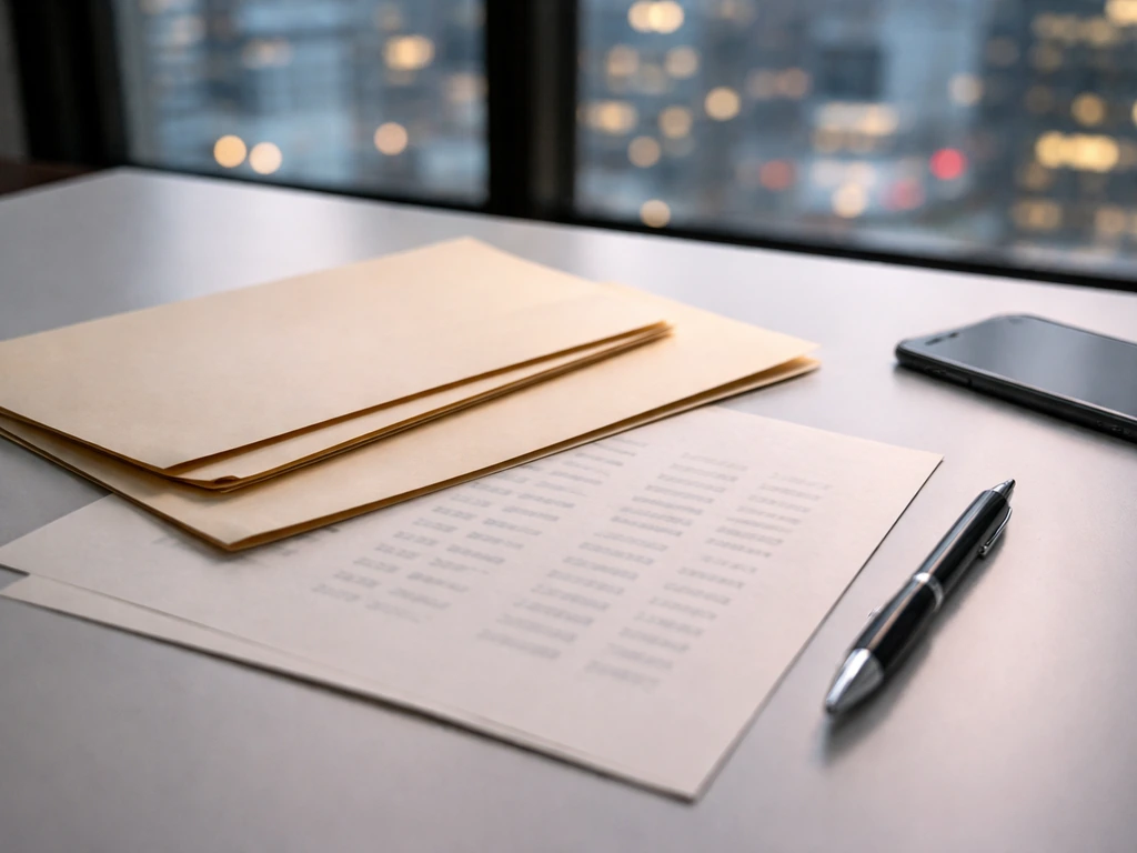 Blurry desk scene with folders, pen, and paper suggesting side-by-side financial estimates without readable text.